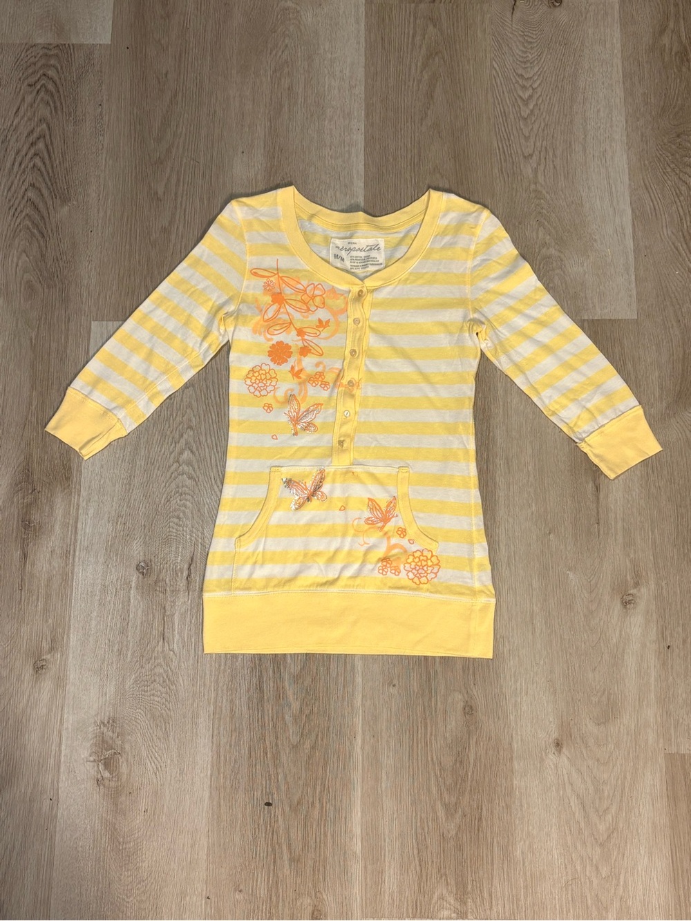 VTG Aeropostale Henley Top Size M Yellow & White Stripes Bella Swan 3/4 Sleeve